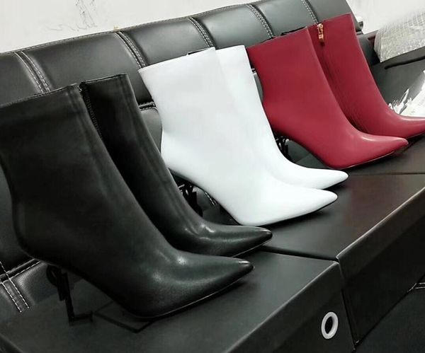 2018 Fabrik echtes Bild Neuankömmling schwarzes Leder Stiefeletten Metallabsatz Punktzehe Booties Mujer Boote Reißverschluss Martin Stiefel weiß dünner Absatz