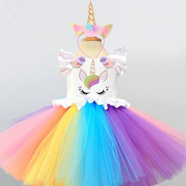 

baby girls tutu dresses fancy rainbow princess colorful unicorn dress+headband christmas halloween costume kids girl party dress, Red;yellow