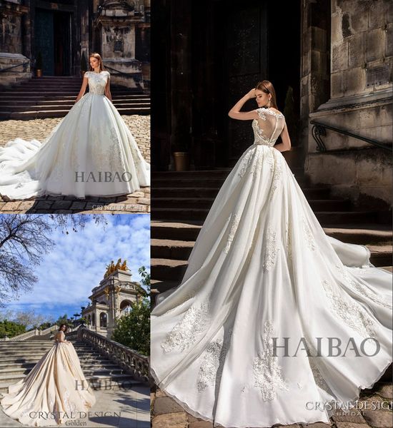 

2019 ball gown wedding dresses luxury appliqued illusion bridal gown sheer back cathedral train plus size bridal gowns custom made, White