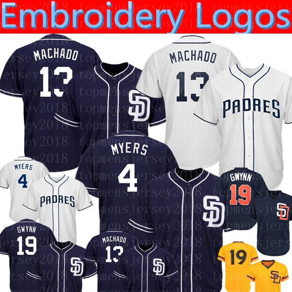 

13 Manny Machado Padres Jerseys 4 Wil Meyers 19 Tony Gwynn Baseball Jerseys Embroidery Logos 50th Patch Mens9889