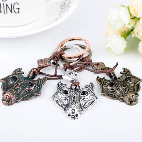 

norse viking amulet keychain wold head pendant keyrings keys key holder animal jewelry metal accessories chaveiro, Silver