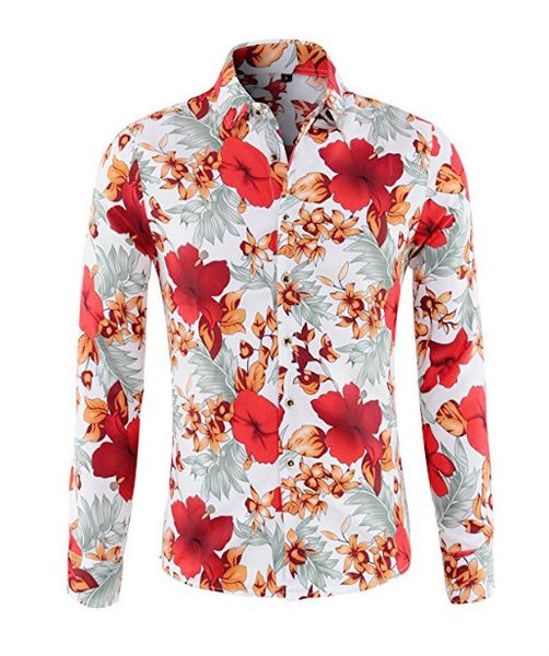 

flowers printed hc summer fashion men's shirt stylish slim fit button down long sleeve hawaiian camisa masculina male shirts, White;black