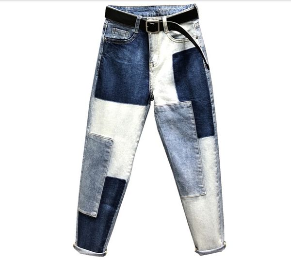 

women's jeans slightly elastic mujer patchwork pants women large size denim patch harlan cuff pencil femme woman, Blue