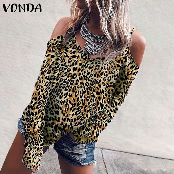 

vonda women leopard blouse 2019 spring summer off shoulder casual loose shirts vintage plus size club blusa, White