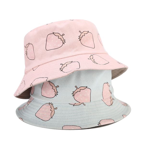 

fisherman hat women female summer autumn fruit strawberry double-sided wearing cap outdoor travel sun visor bucket hat caps, Blue;gray