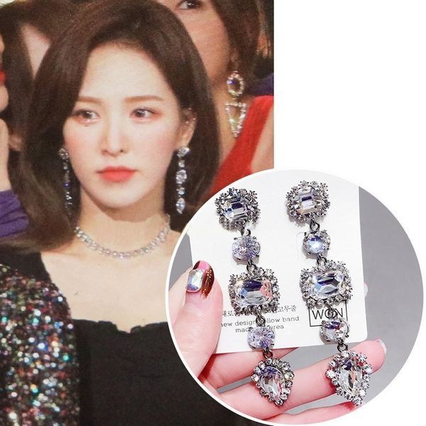 

mengjiqiao new korean tv star square crystal tassel water drop earrings for women girl elegant shinyt oorbellen students jewelry, Silver