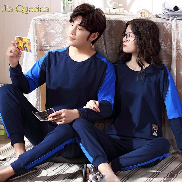 

new solid long sleeve pants sport style autumn spring pajamas 100% cotton sleep wear royal blue fashion couples matching suits, Black;red