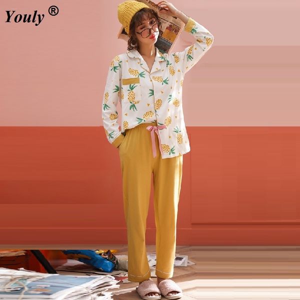 

printed cotton pajamas sets women 2019 casual loose long sleeve sleepwear suit 2 piece spring homewear lounge pants suits, Blue;gray