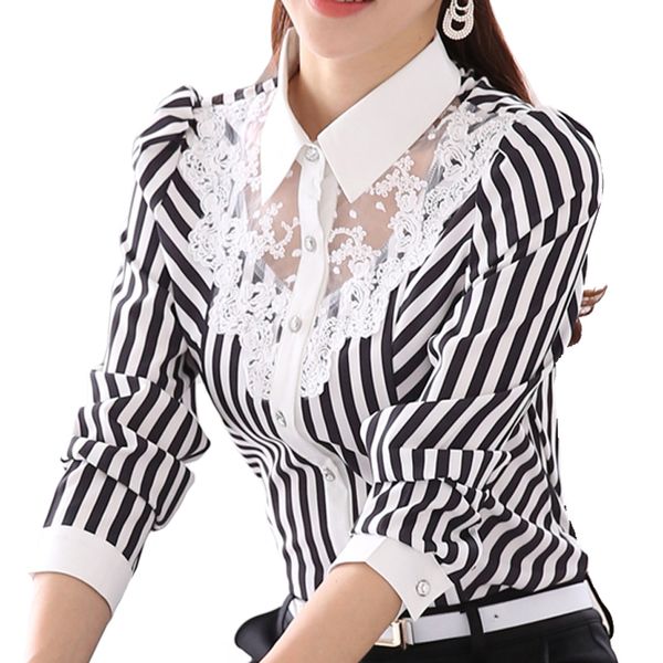 

stripe blouse women shirts lace hollow out blouses long sleeve large size slim office lady bottoming female clothing, White