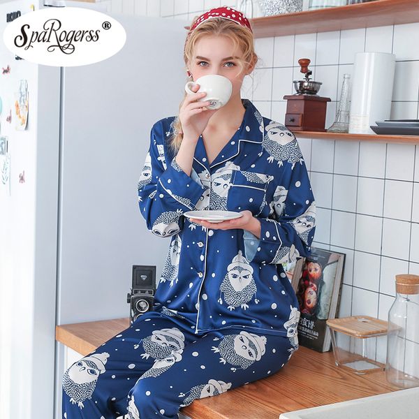

2019 new nightwear women pajama set faux silk autumn sleepwear long sleeve nightshirt high-quality pyjamas home clothes tz1039, Blue;gray