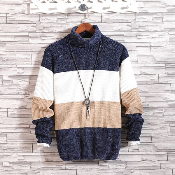 

2019 new winter men's fashion casual slim turtleneck stripe sweater new style j730, White;black