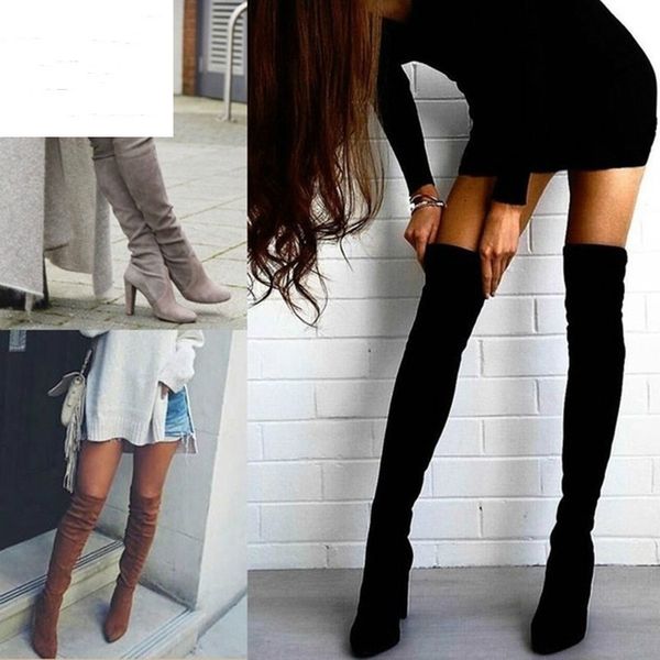 

botas de cuero genuino mujer over the knee boots women square heel boots black female lady thigh high size 34-43