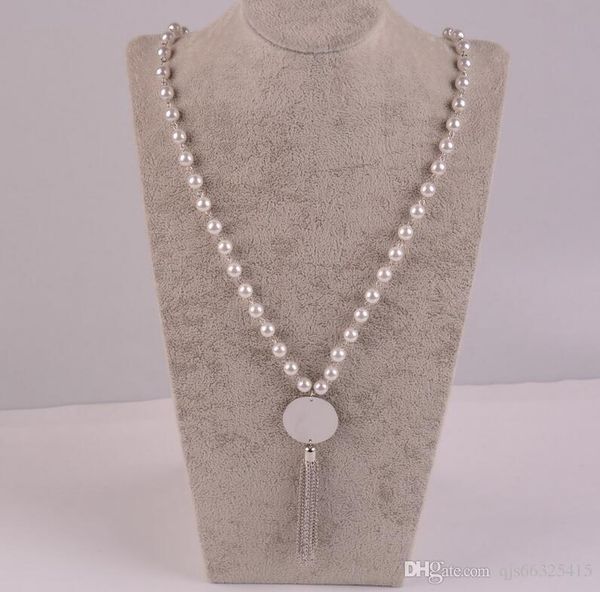 

rainbery fashion long pearl necklace monogram disc tassels women accessories statement necklace jewelry for women, Silver