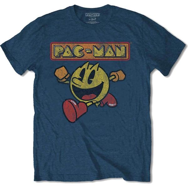 

pac-man eighties poster official pacman namco arcade game blue mens t-shirt male pre-cotton clothing 100% cotton, White;black