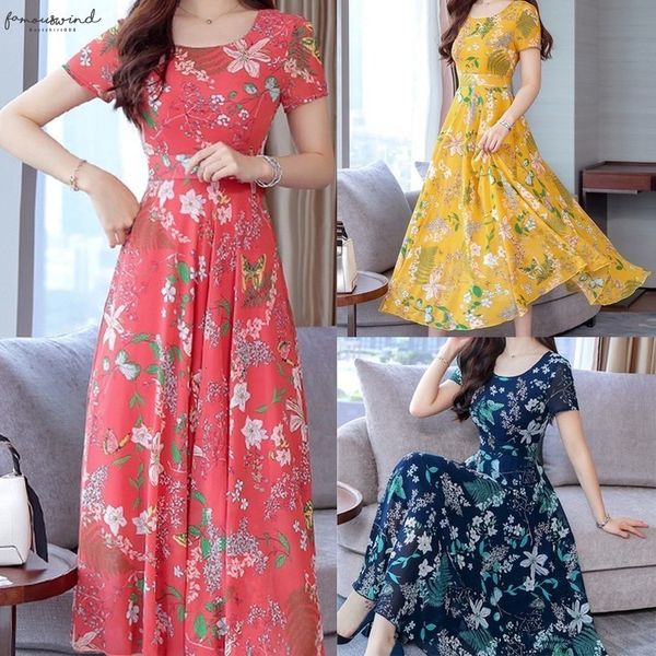 

autumn casual fit floral and flare maxi dress elegant o neck short sleeve flower print women winter fashion dresses 2020, Black;gray