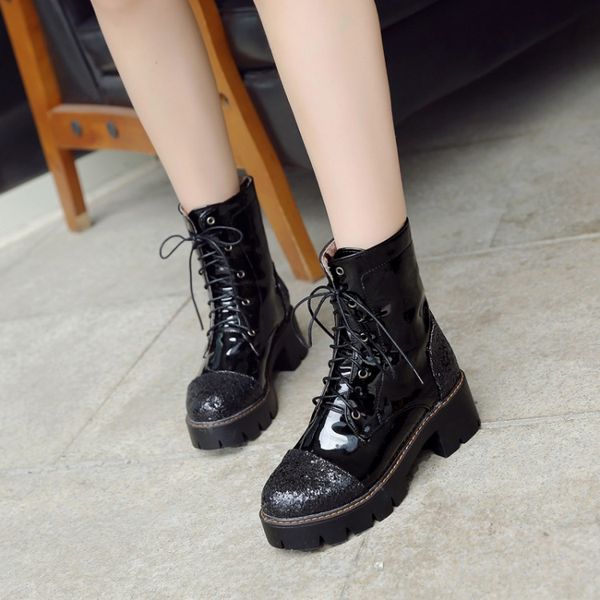 

big size 9 11 12 boots women shoes ankle boots for women ladies sequined lace-up uniform, Black
