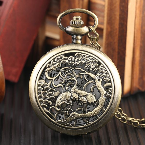 Bronzo Steampunk Hollow Out Crane Design Orologio da taschino Donna Uomo Orologi analogici al quarzo con orologio a catena con orologio