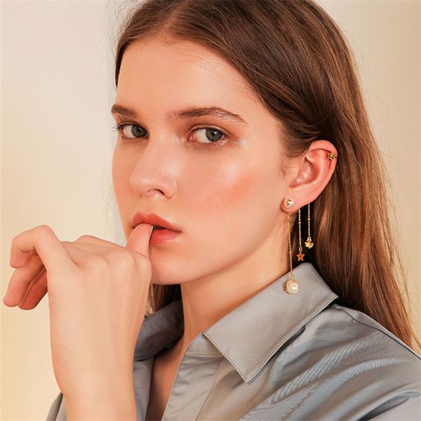 

huanzhi 2019 new 925 sliver fashion long section pentagram pearl gold tassel earring for girls woman party jewelry, Silver