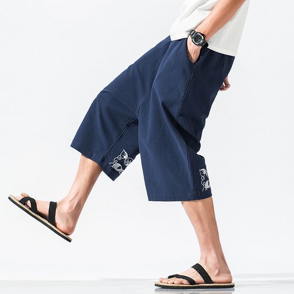 

mrdonoo cotton linen wide leg calf-length pants men loose chinese style embroidery hiphop dance harem pants hrajuku 6020-dk707, Black