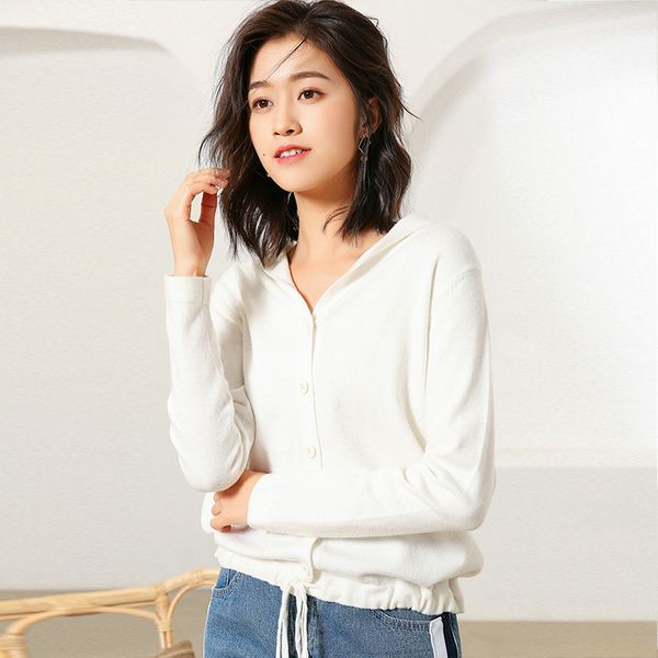 

2019 spring new hooded cardigan wool sweater loose hooded sweater long-sleeved jacket bottoming female, White