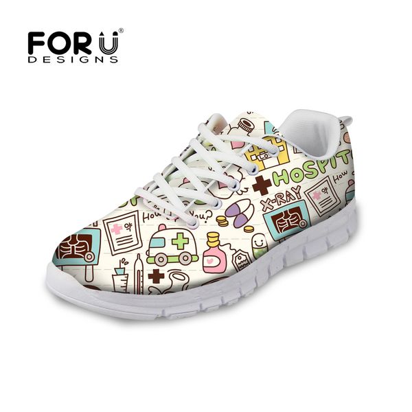 

forudesigns fashion woman lace up mesh sneakers cartoon nurse 3d printed flats shoes students girl casual spring/autumn footwear, Black