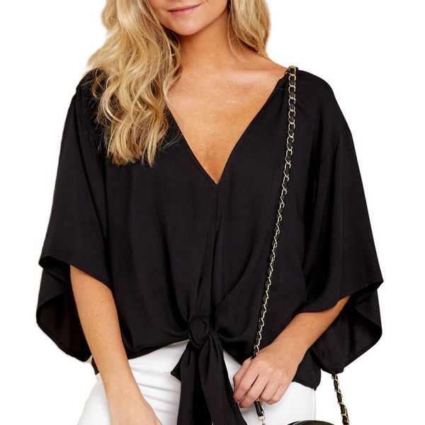 

лето v-образным вырезом knotted топ брайт mango рубашки bat рукавом шифон wrap top пришивания crop top azptw, White