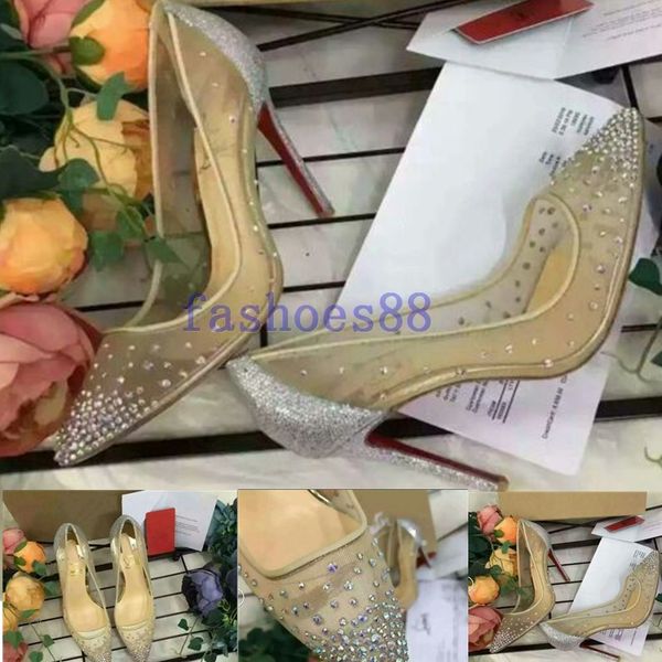 

2020 spring summer elegant styles women shoes rhinestone high heels crystals pointed toe mesh pumps woman red sole wedding shoes, Black