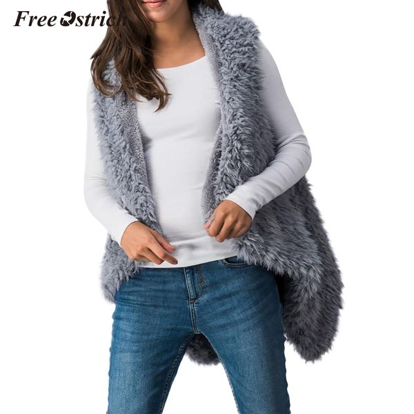

ostrich vest women plus size v neck solid open stitch faux fur chalecos para mujer colete feminino kamizelka damska n30, Black;white