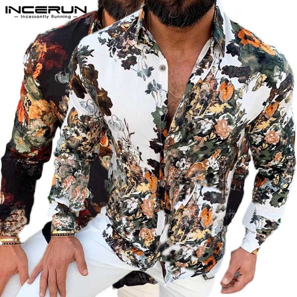 

incerun men lapel long sleeve retro flower printed casual shirt stylish joker button mens blouse slim comfort masculina, White;black