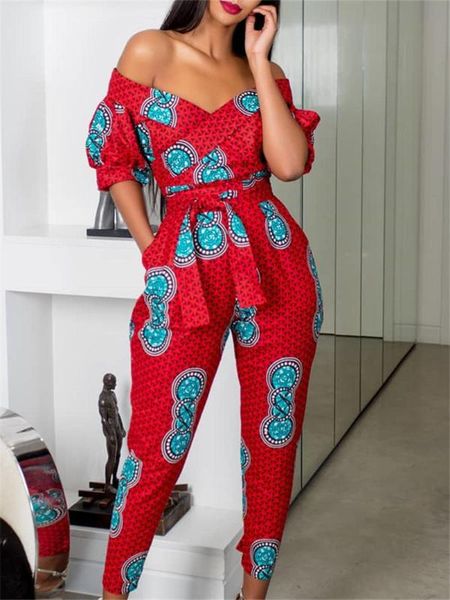 

women elegant red alluring casual jumpsuit female stylish holiday off shoulder puffed sleeve print jumpsuit, Black;white