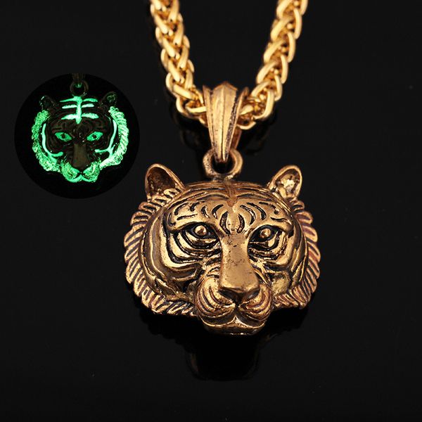 

new alloy luminous tiger head pendant necklace for man gold silver color hiphop rock animal head chain necklace sweater chain