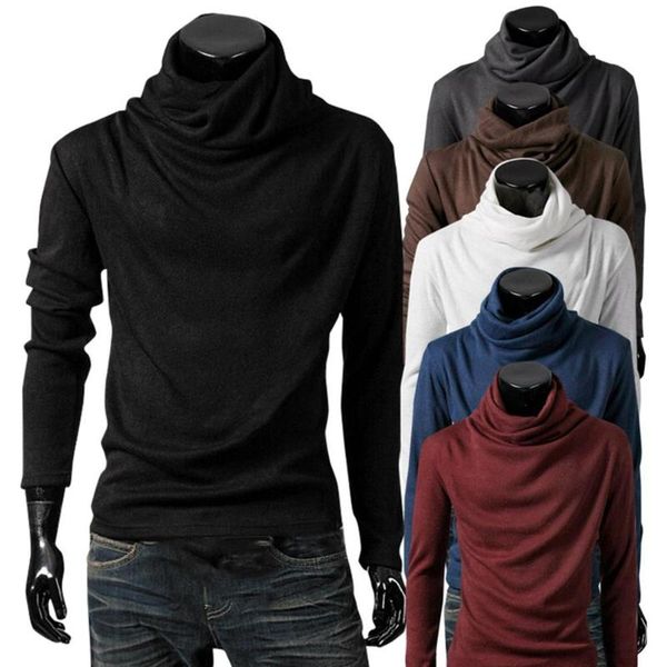

2020 new chic men solid color heap collar long sleeve pullover bottoming slim t-shirt basic pullover gift for male, White;black