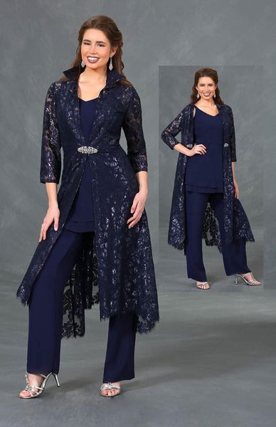 Ursula Mother Of The Bride Pantalone 3 pezzi Dark Navy Lace Paillettes Chiffon Wedding Guest Dress per la madre eleganti abiti formali