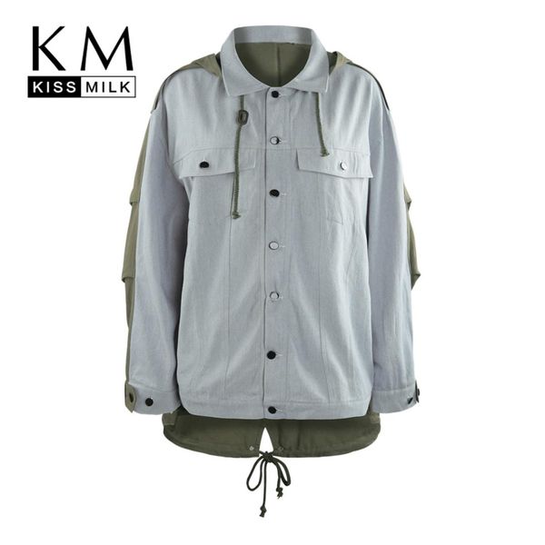 

kissmilk europe and the united states large size simple drawstring neutral splicing shirt mixed jacket, Black;brown