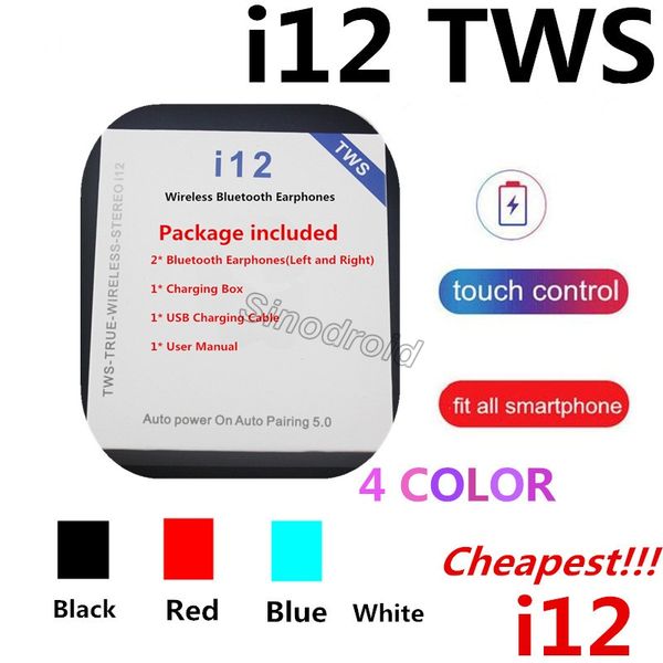 

new touch control i12tws bluetooth earphone wireless headphones with charging box headsets with mic for iphone android all smartphones 50pcs