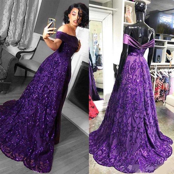 

purple sequin off the shoulder prom dresses a line pleat sweep train vestidos de fiesta special occasion dress, Black