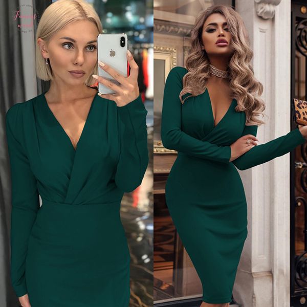 

women vintage bodycon slim party dress long sleeve deep v neck solid casual dress 2020 winter new fashion dress, Black;gray