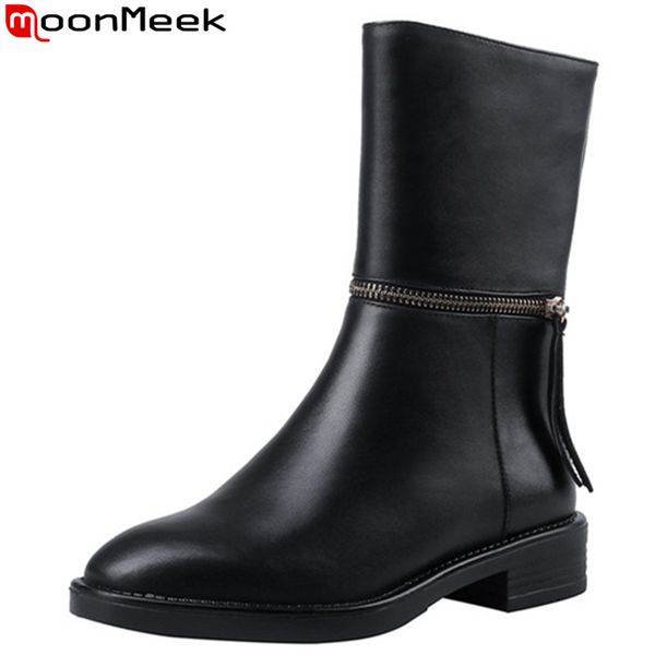 

moonmeek fashion new ankle boots women genuine leather boots med heels zip ladies prom autumnwinter 2020 new, Black