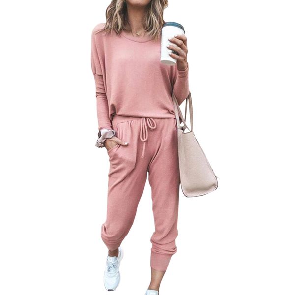 

women two piece pants solid color long sleeve o neck blouse drawstring pants sport tracksuit sports shirts autumn winter set tracksuit, White