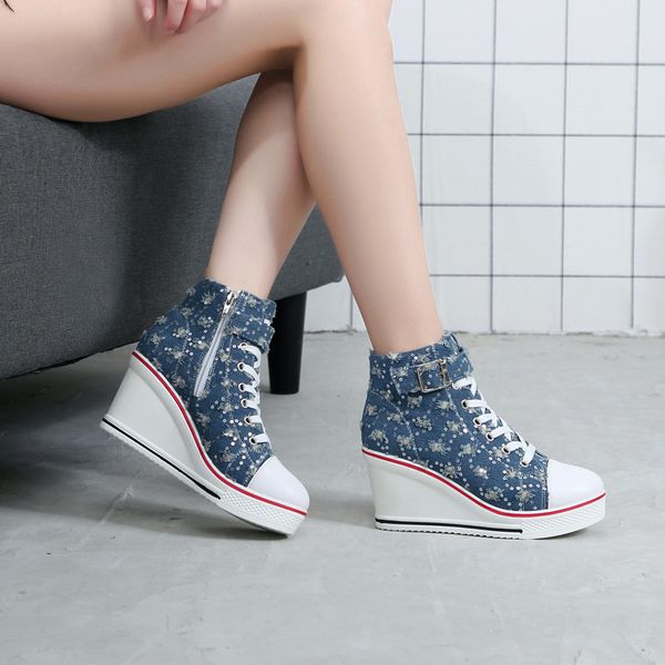 

Женщины Холст обувь высокие топы Платформа Скрытые Клинья Модная обувь леди туфл