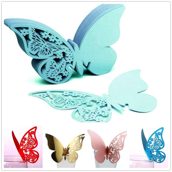 Decorações do partido de casamento Nome Rosa Roxo 50pcs Branco Azul Cartões Butterfly Place Wine Escort vidro copo de papel Cartão de assento cartões CUP