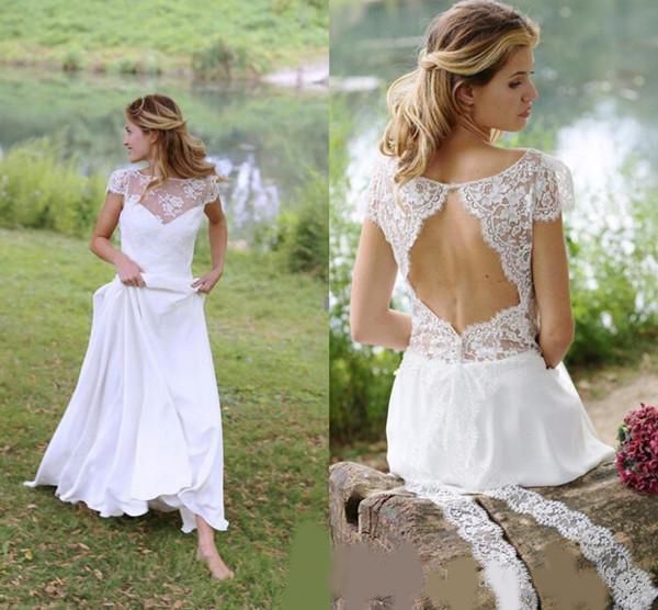 

2020 simple country wedidng dresses a line bateau lace chiffon bridal gowns sweep train open back wedding gowns, White