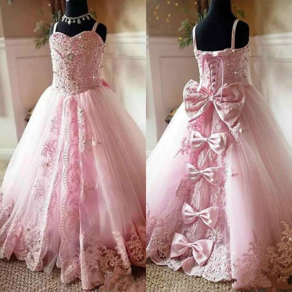 Princesa Beads Lace Flor Menina Vestidos Correias Aniversário Crianças Primeira Comunhão Vestido Longo Bebê Prom Vestidos Girl Wear Vestidos