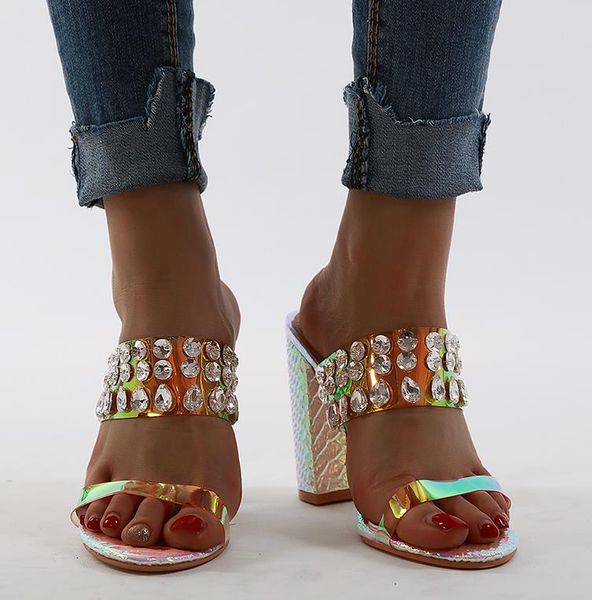 

with box luxury shinny crystal beading rhinestone sandals block heel mules women designer heel slides lll, Black
