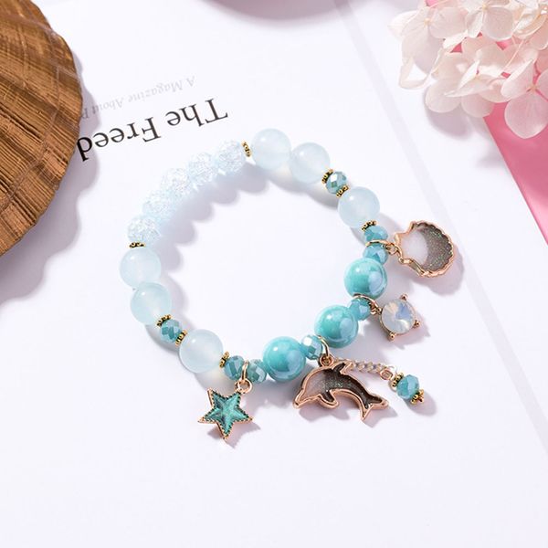 

korean sweet marine dolphin shell flower charm bracelet crystal beads bracelets for women beach holiday fashion jewelry, Black