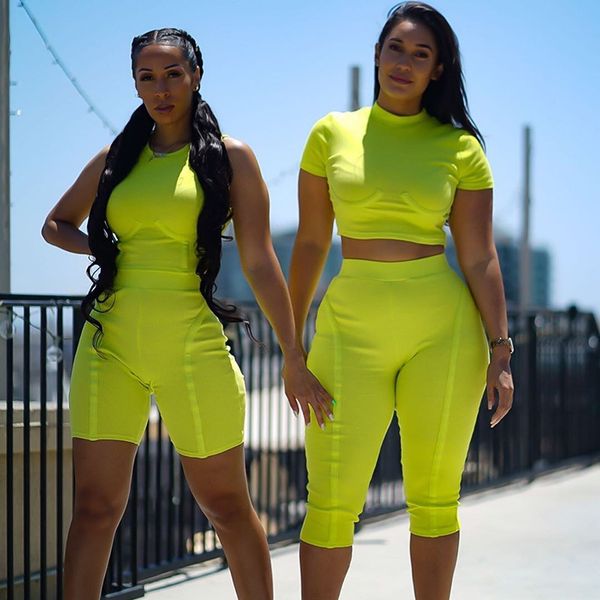 

2019 special offer polyester short o-neck elastic waist new women's fashion fluorescent color slim slimming casual suit, White