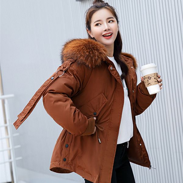 

fashion big fur coat winter jacket women 2019 new hooded loose down cotton padded jacket coat female thick down parkas outwear, Tan;black