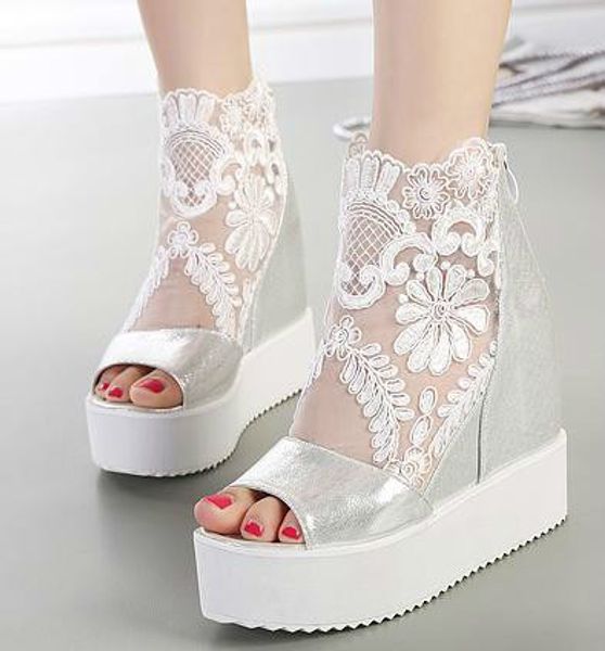 

the price of lace white sandals high platform wedge sandals invisible height increased peep toe women shoes 2 colors size 35 to 39, Black