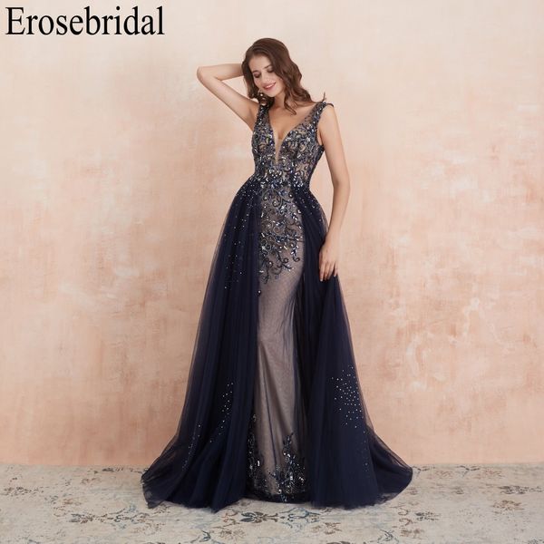 

erosebridal backless navy evening dress long 2019 deep v neck with sweep train long formal dresses evening gown party, White;black