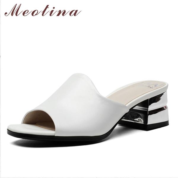 

meotina women shoes natural genuine leather high heels slippers square toe peep toe slides square heel summer lady sandals 2020, Black